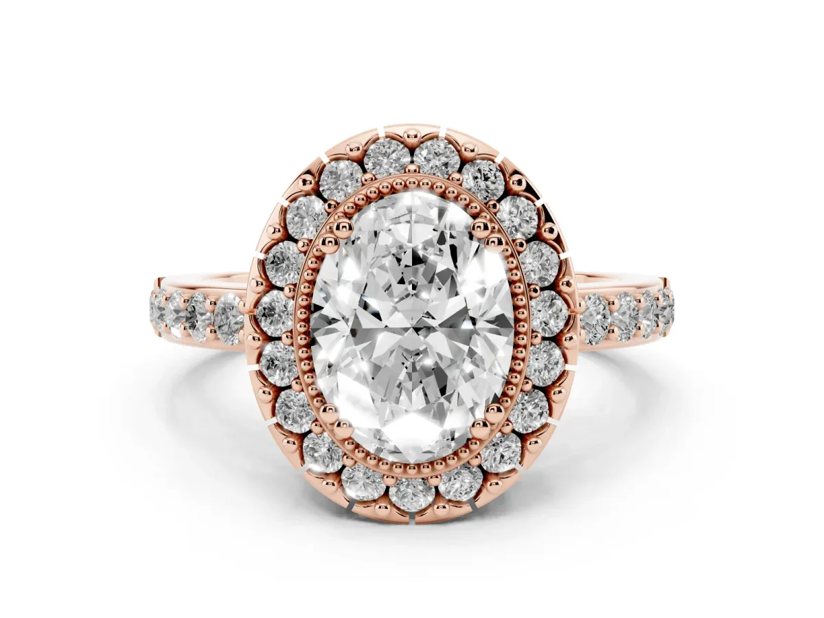 Oval Cut Diamond Halo Ring with Pavé Band and Prong Setting Rose gold