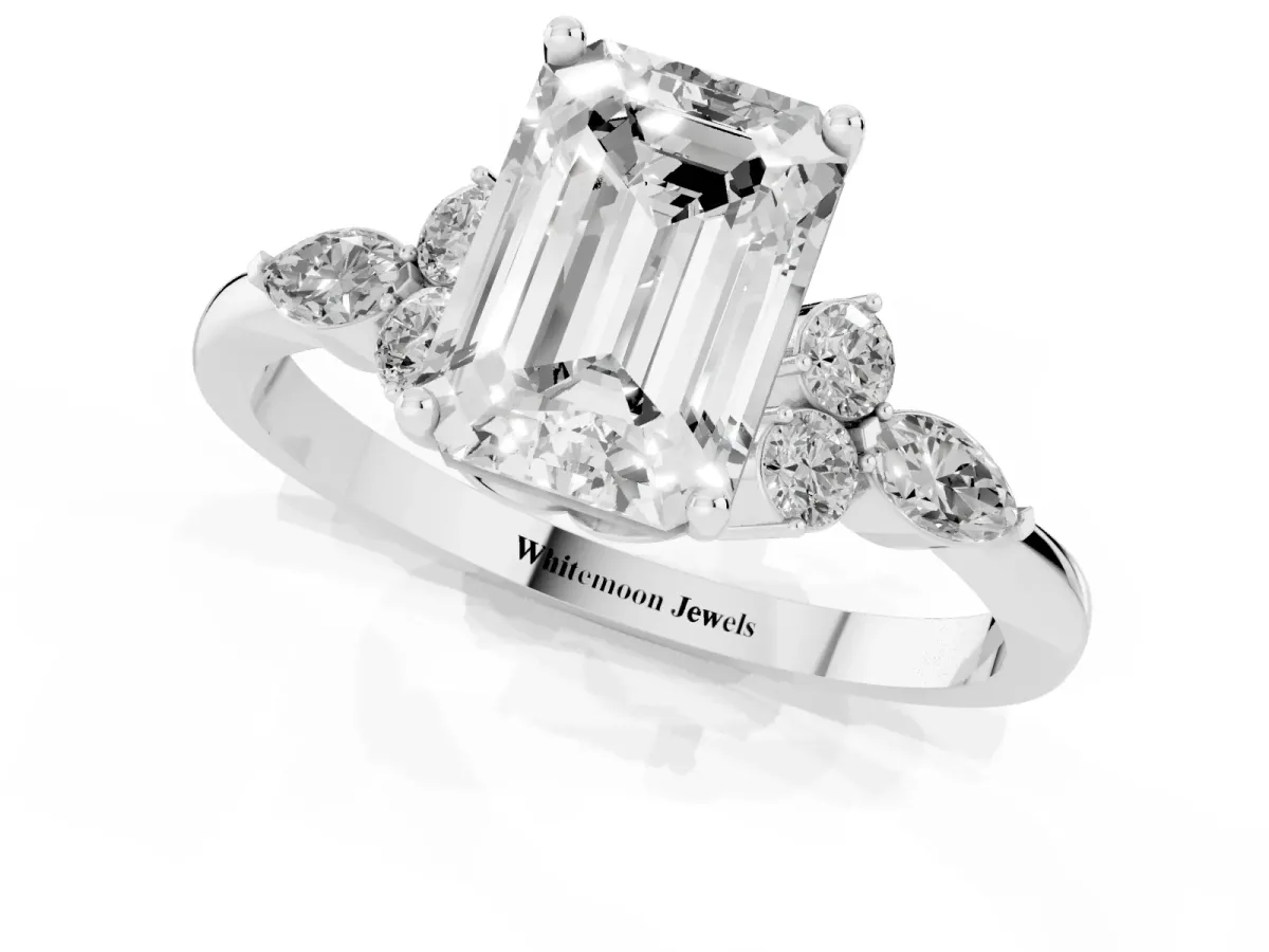 Emerald Cut Brilliant Diamond Solitaire Ring with Pear Side Stones and Four-Prong Setting Silver