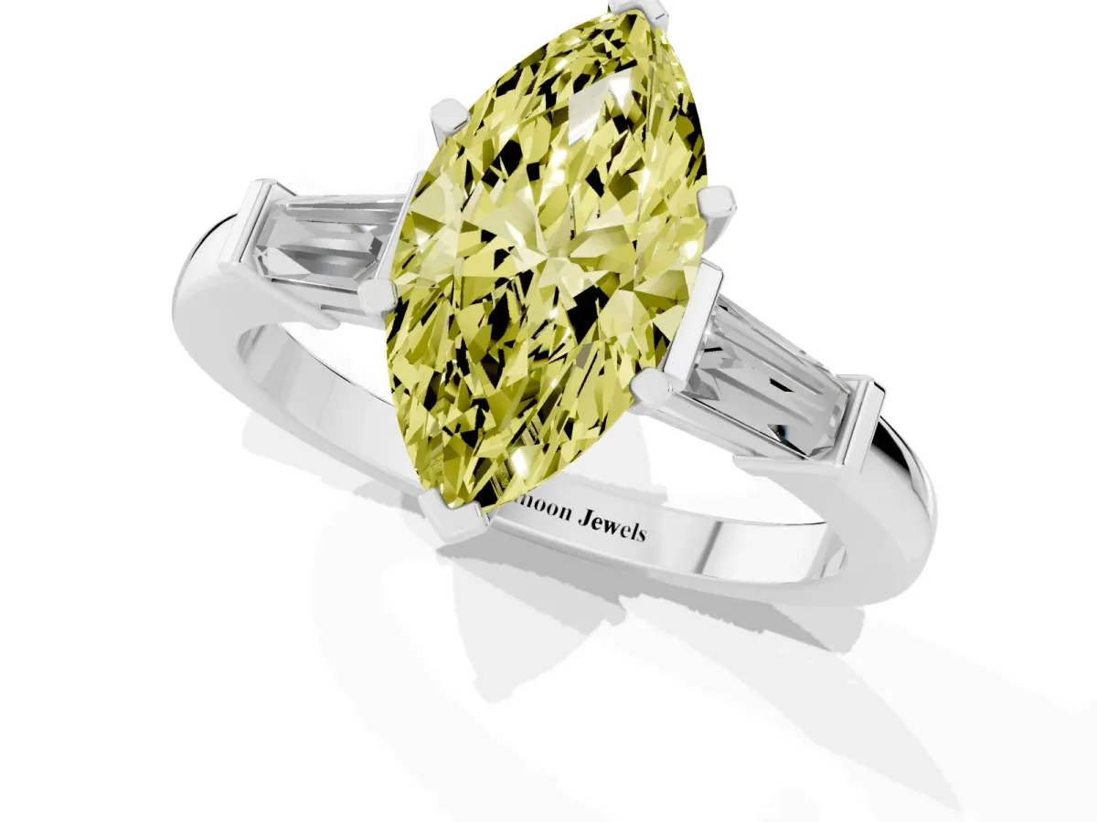 Fancy Yellow Marquise Cut Cut Diamond Solitaire Ring with Tapered Baguette Accents and Four-Prong Setting Silver