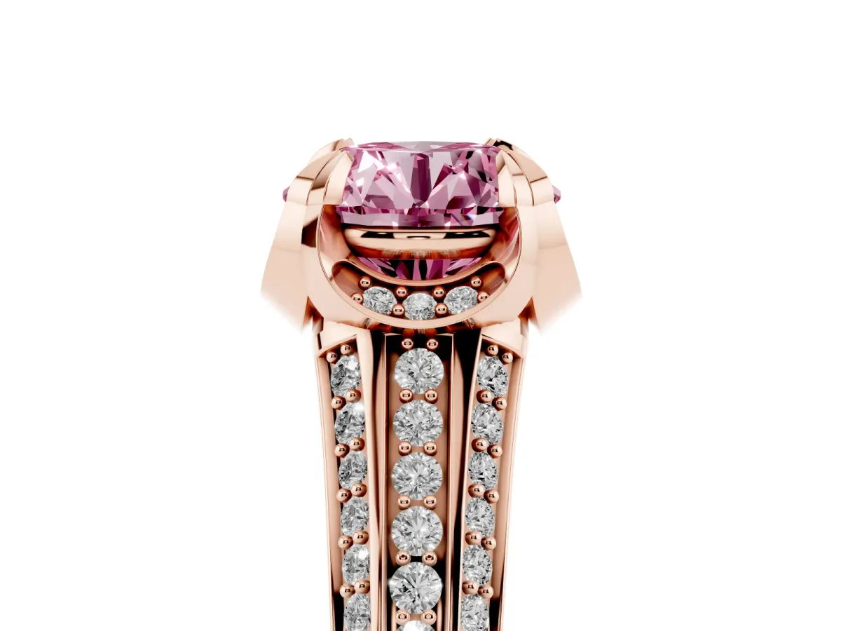 Fancy Pink Round Cut Solitaire Pave Split Shank Ring with Four-Prong Setting Rose gold