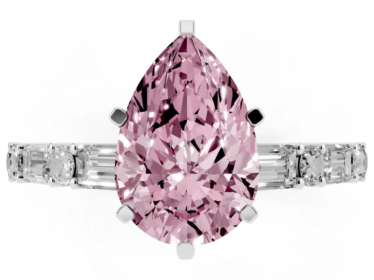 Fancy Pink Pear Cut Diamond Solitaire with Side Baguettes and Channel Set Band Silver