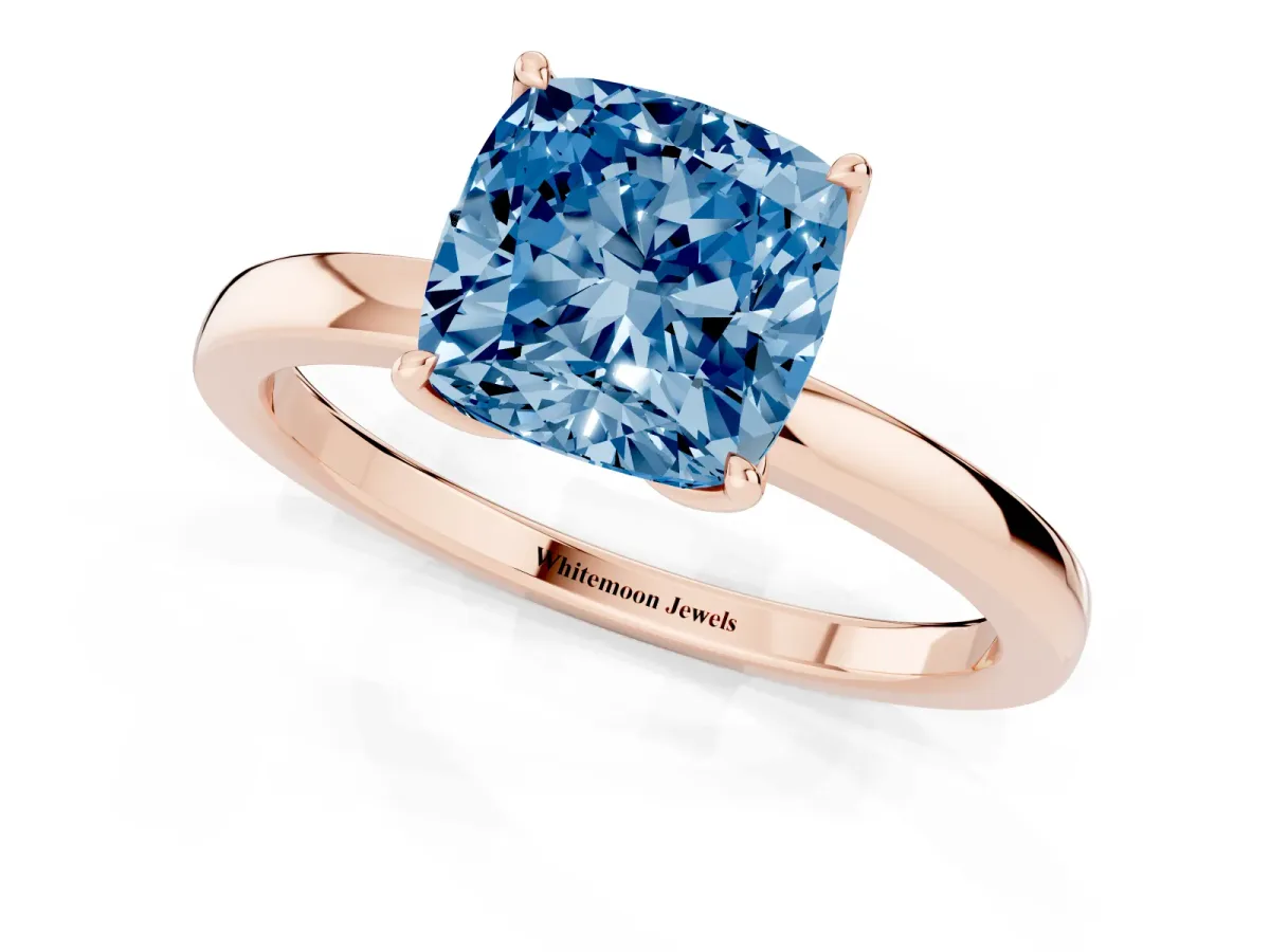 Fancy Blue Cushion Cut Diamond Solitaire Ring with Thin Band and Prong Setting Rose gold