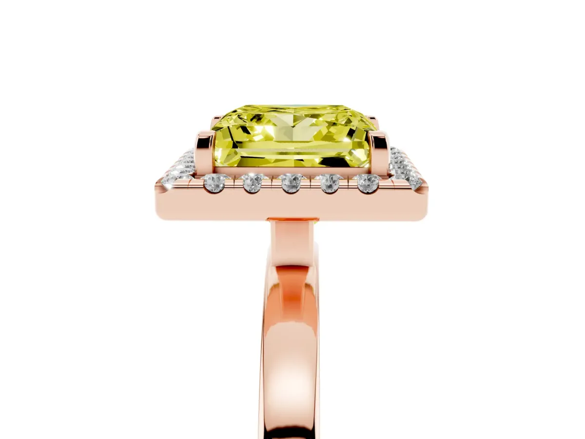 Fancy Yellow Princess Cut Halo Diamond Solitaire with Pavé Band and Four-Prong Setting Rose gold
