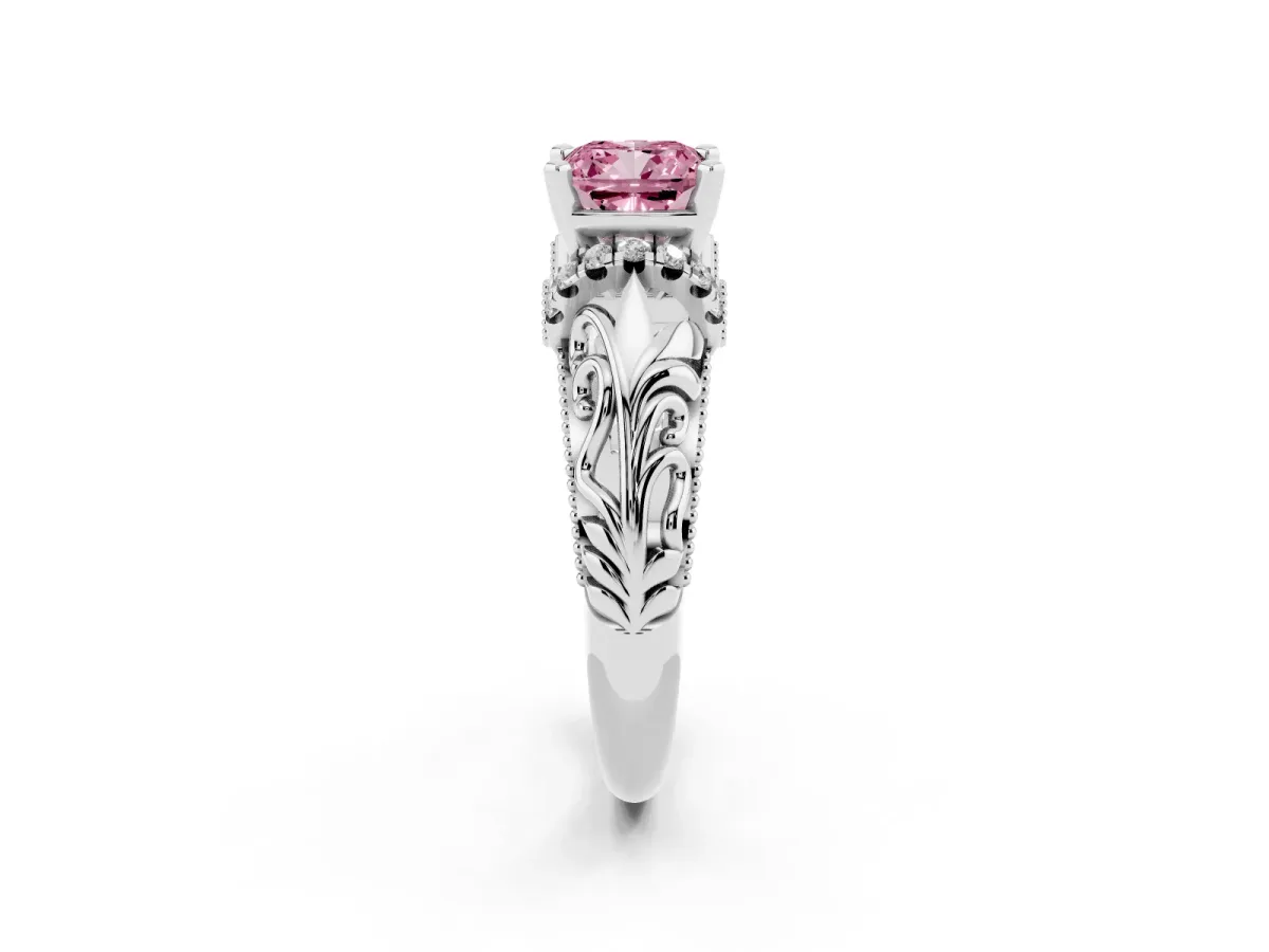 Fancy Pink Cushion Cut Solitaire Filigree Engagement Ring with Halo and Prong Setting Silver