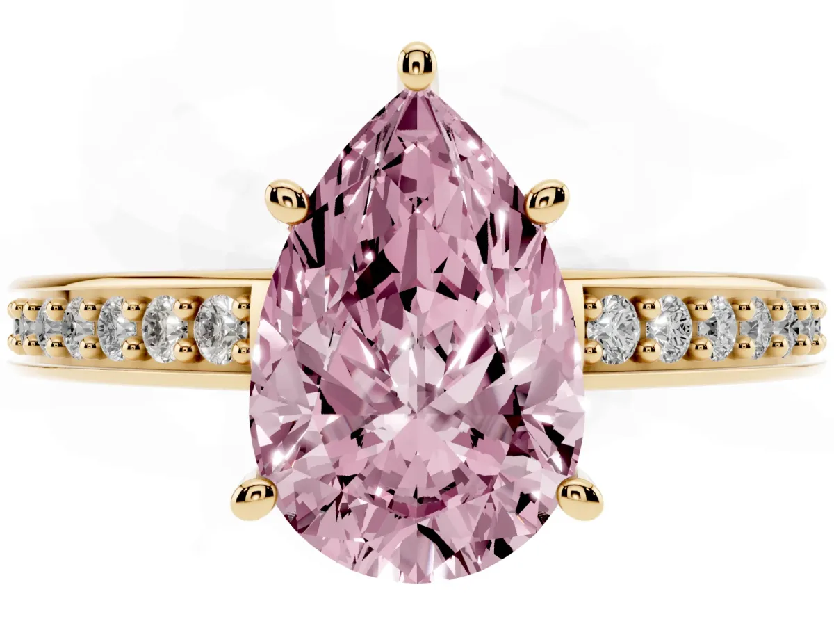 Fancy Pink Pear Cut Solitaire Pavé Band Prong Setting Ring Yellow gold