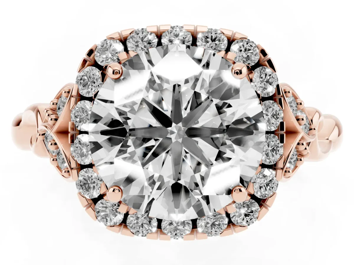 Round Cut Halo Diamond Engagement Ring with Vintage-Inspired Band and Four-Prong Setting Rose gold