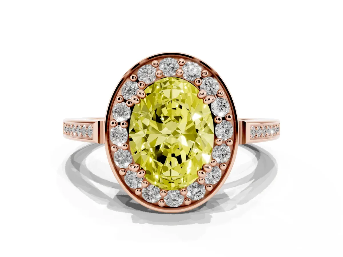 Fancy Yellow Oval Cut Diamond Halo Ring with Split Shank and Four-Prong Setting Rose gold