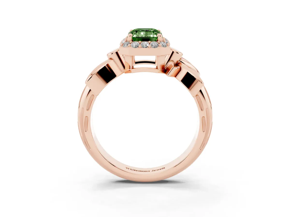 Fancy Green Emerald Cut Halo Diamond Floral Band with Four-Prong Setting Rose gold