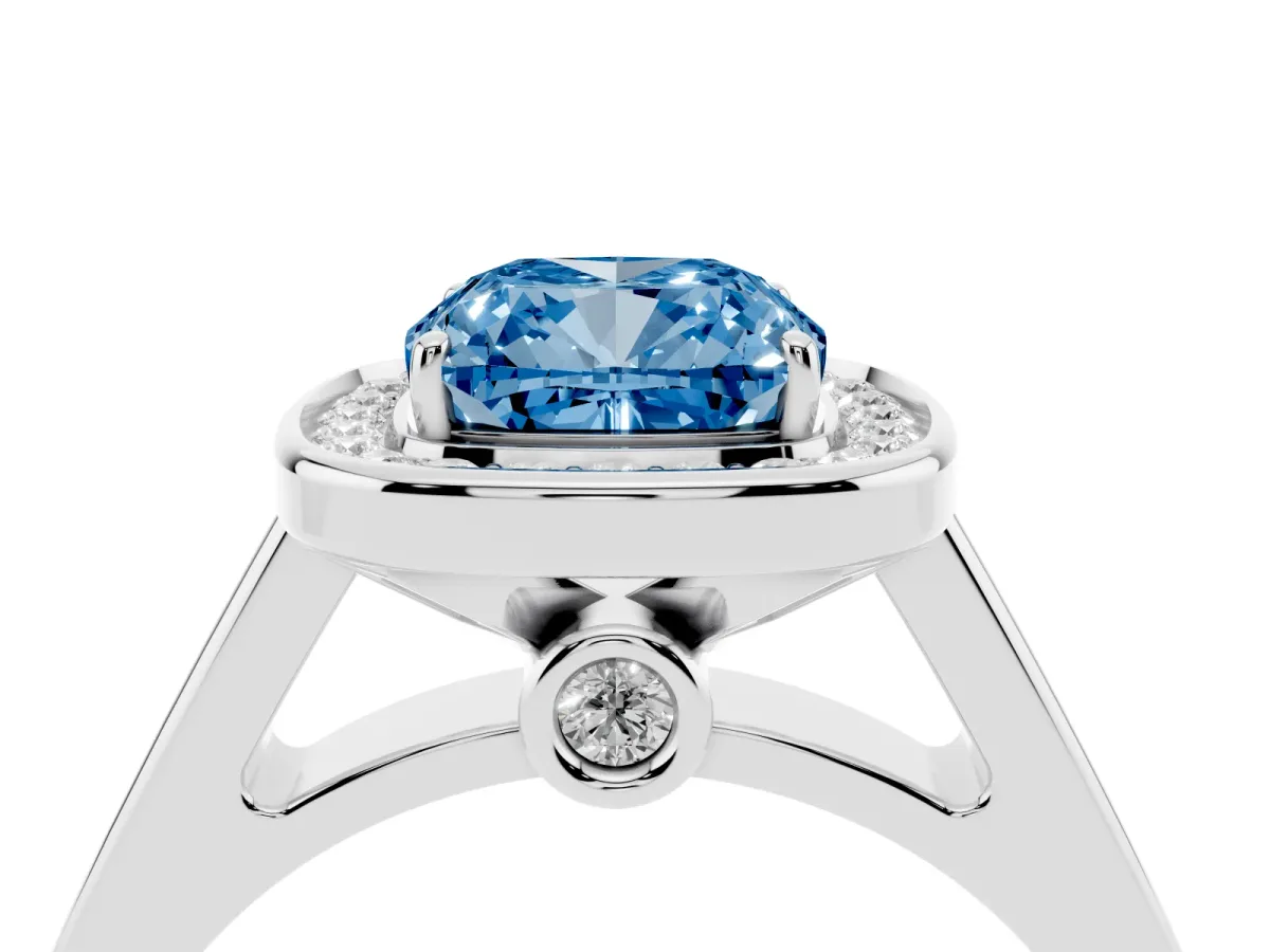 Fancy Blue Cushion Cut Halo Solitaire Diamond Ring with Pave Band and Bezel Setting Silver