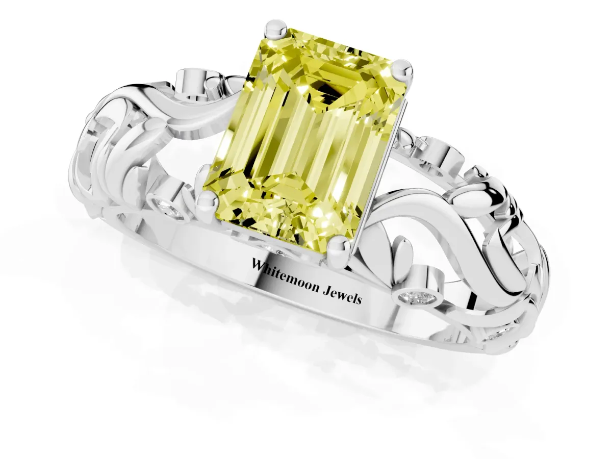 Fancy Yellow Emerald Cut Solitaire Diamond Leaf-Inspired Vine Band Ring with Prong Setting White gold