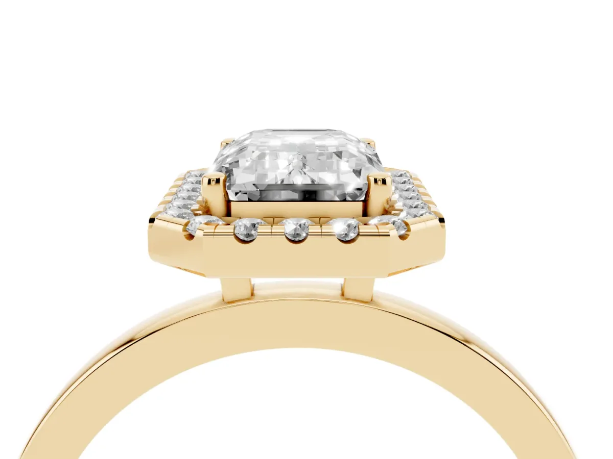 Emerald Cut Halo Diamond Solitaire with Pavé Band and Four-Prong Setting Yellow gold