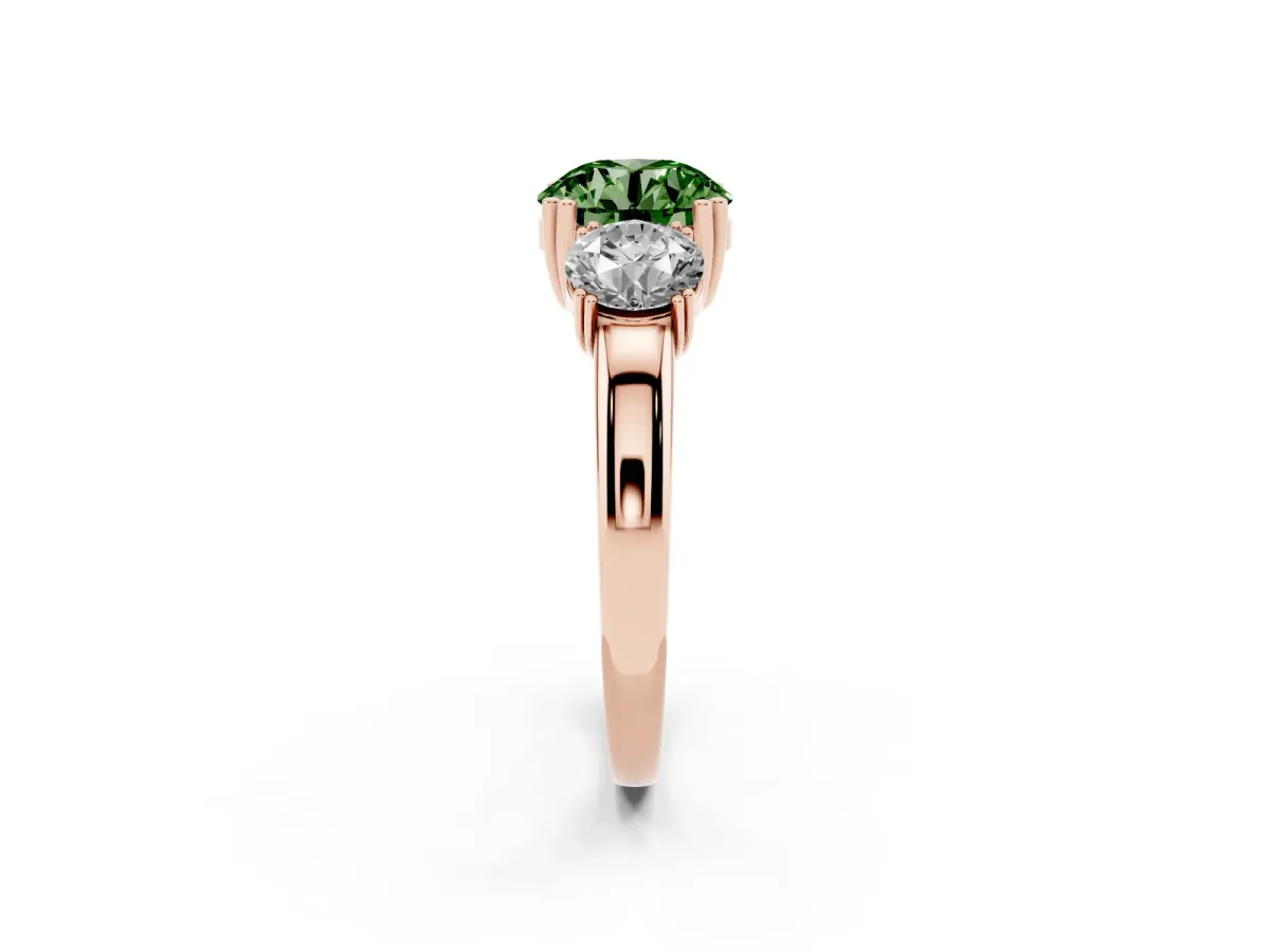 Fancy Green Three-Stone Round Cut Cut Diamond Ring with Channel Set Band and Four-Prong Setting Rose gold