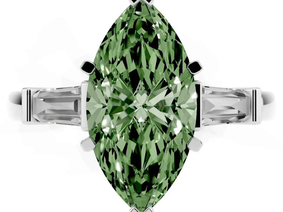 Fancy Green Marquise Cut Cut Diamond Solitaire Ring with Tapered Baguette Accents and Four-Prong Setting Silver