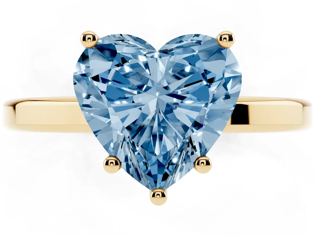 Fancy Blue Heart Cut Cut Solitaire Engagement Ring with Four-Prong Setting on a Classic Band Yellow gold