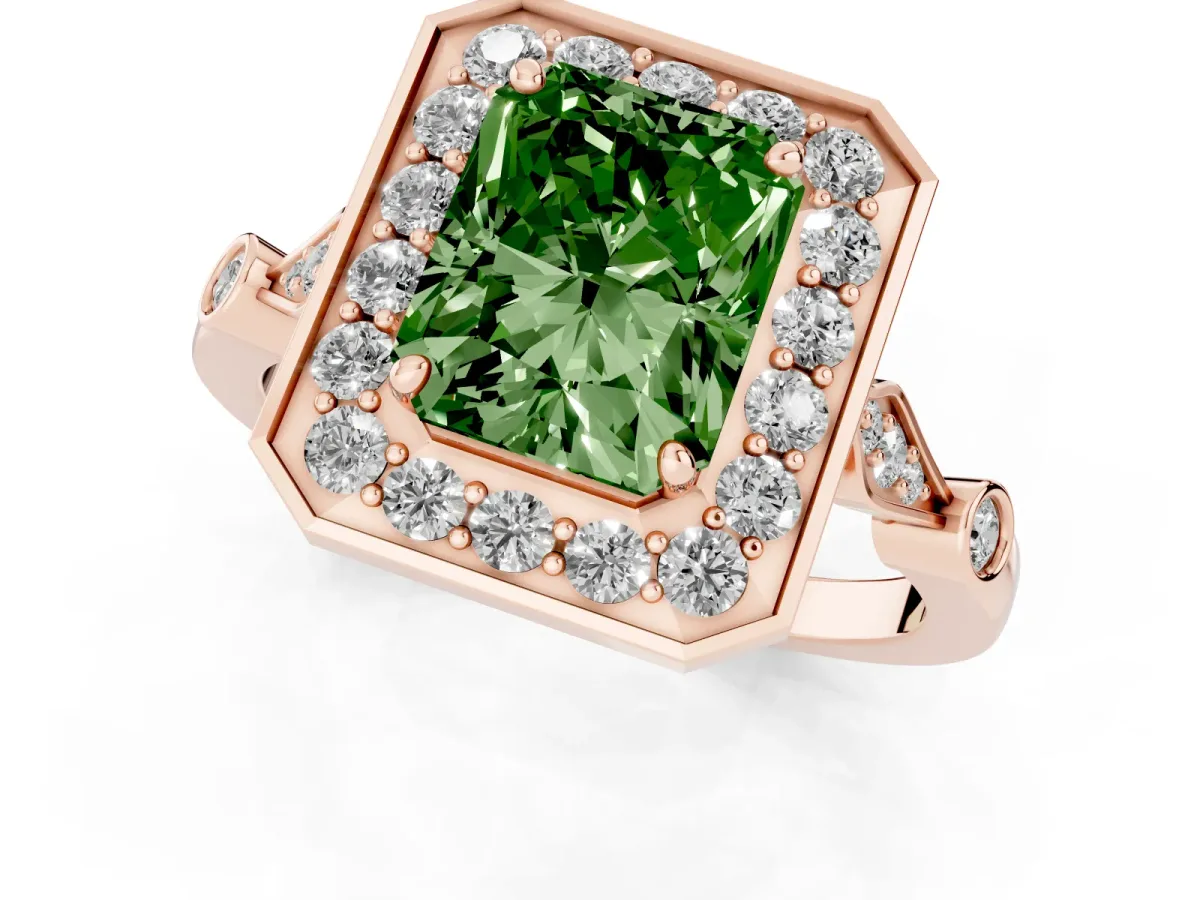 Fancy Green Radiant Cut Halo Diamond Engagement Ring with Twisted Band and Four-Prong Setting Rose gold