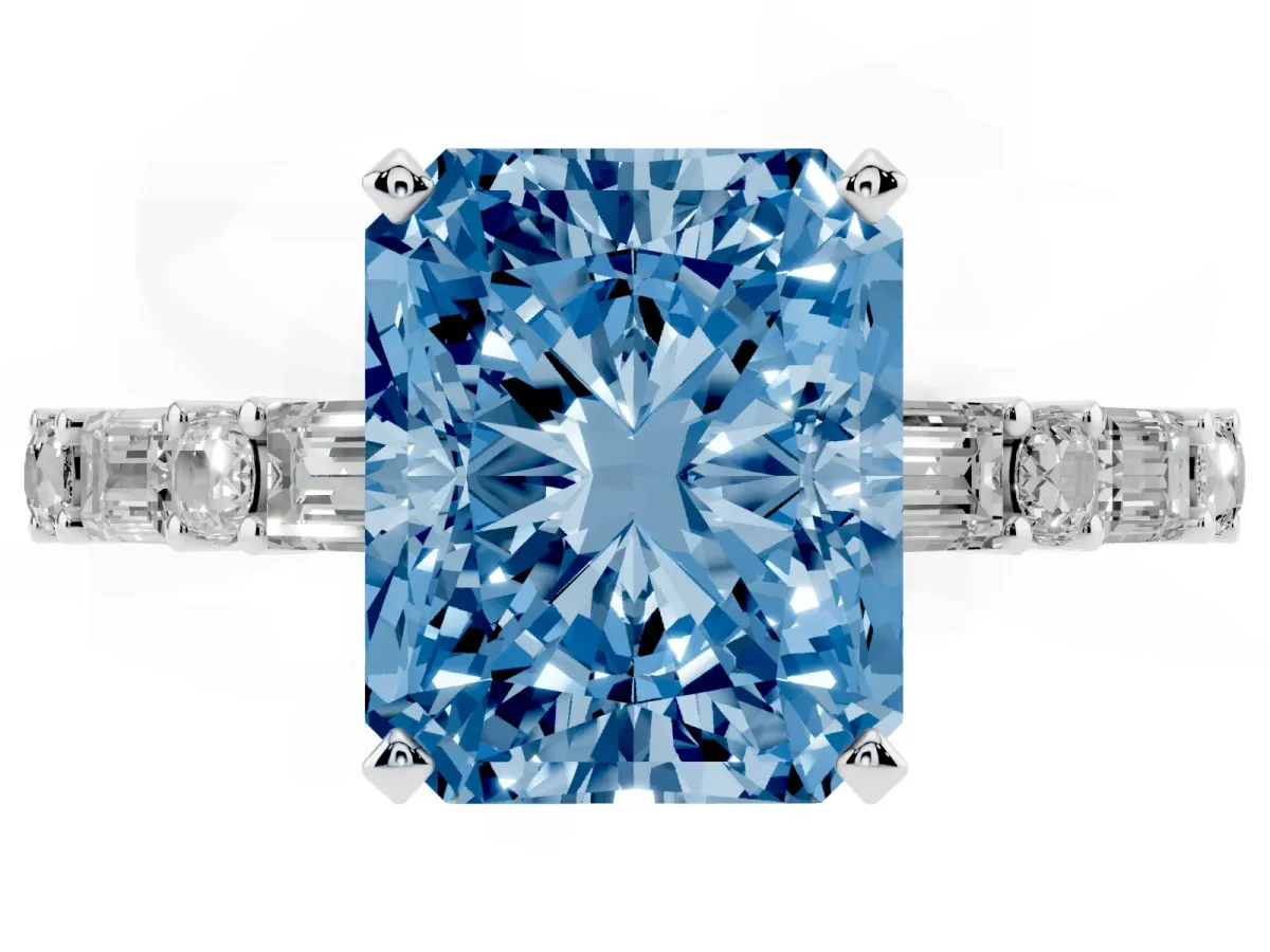 Fancy Blue Radiant Cut Diamond Solitaire with Side Baguettes and Channel Set Band Silver
