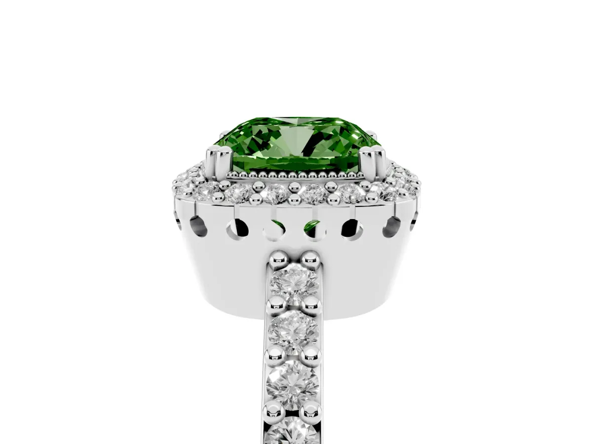 Fancy Green Cushion Cut Cut Diamond Halo Engagement Ring with Milgrain Detail and Pavé Band Platinum