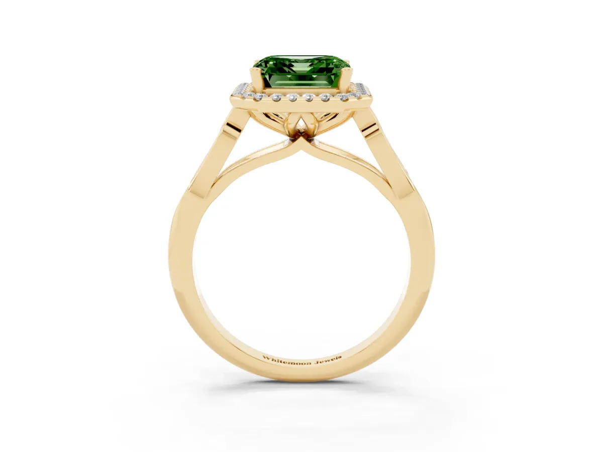 Fancy Green Asscher Cut Halo Diamond Engagement Ring with Filigree Band and Four-Prong Setting Yellow gold