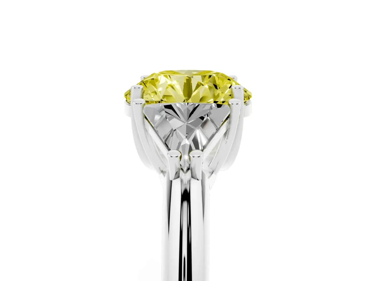 Fancy Yellow Three-Stone Round Cut Diamond Engagement Ring with Trillion Side Stones and Prong Setting Silver