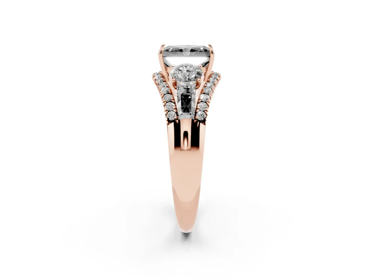 Fancy Black Three-Stone Radiant Cut Diamond Engagement Ring with Pave Band and Prong Setting Rose gold