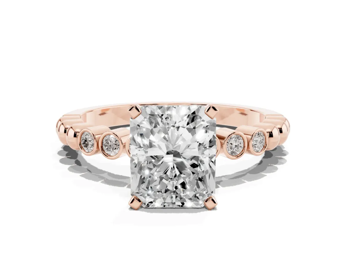 Radiant Cut Solitaire Bezel Accent Diamond Engagement Ring with Beaded Band and Four-Prong Setting Rose gold