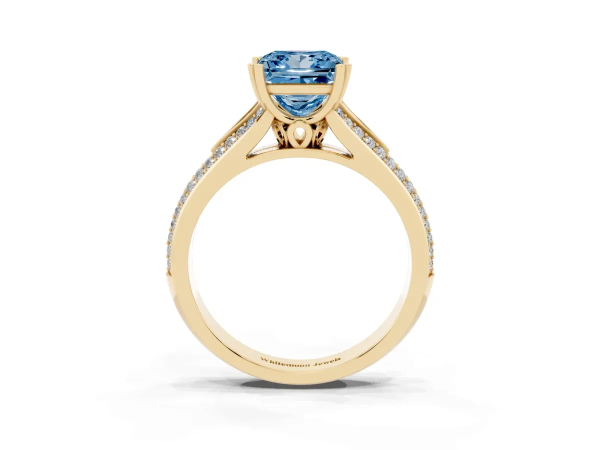 Fancy Blue Princess Cut Diamond Split Shank Engagement Ring with Pavé Band Yellow gold