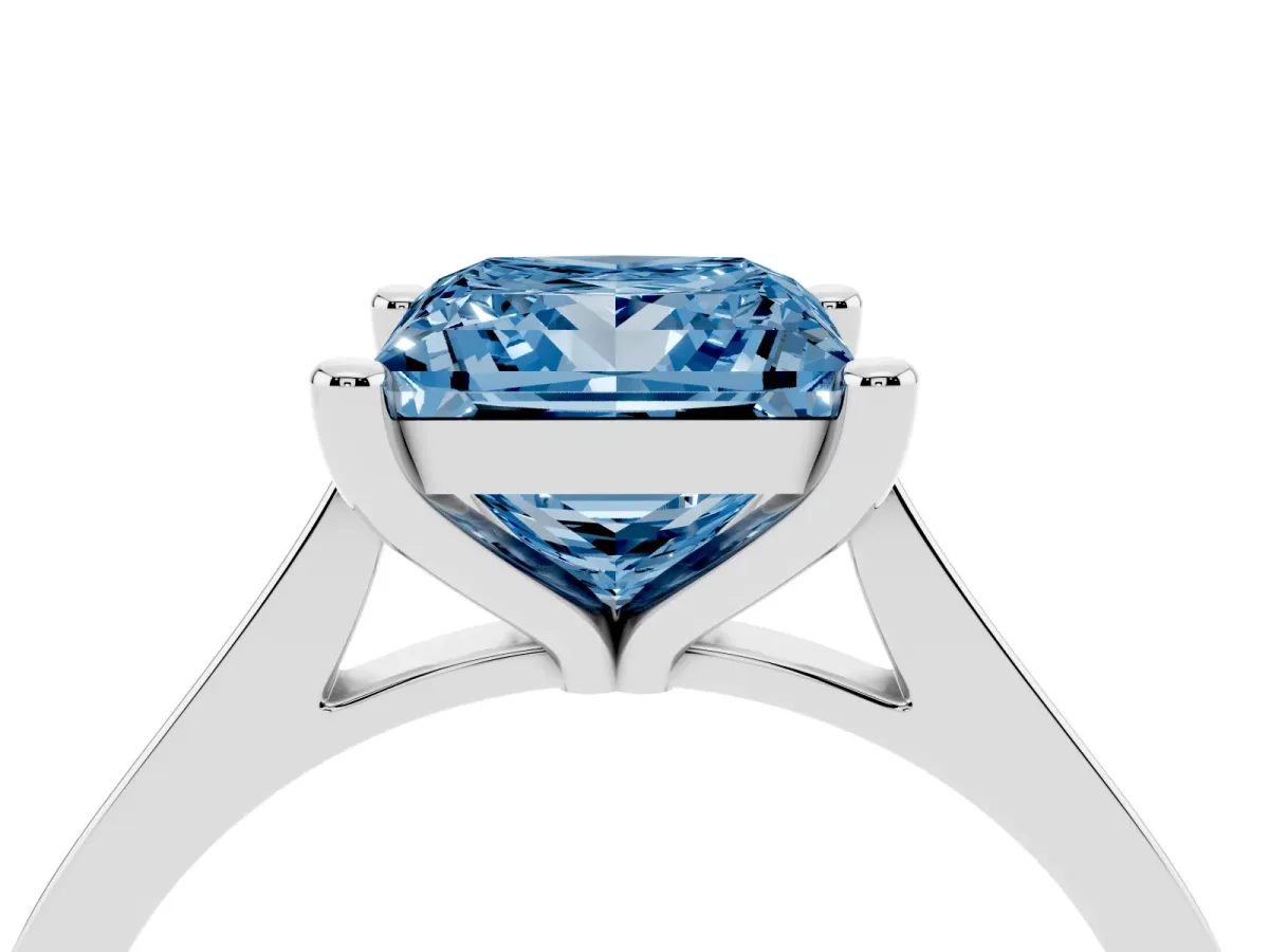 Fancy Blue Princess Cut Solitaire Diamond Ring with Four-Prong Setting and Tapered Band White gold