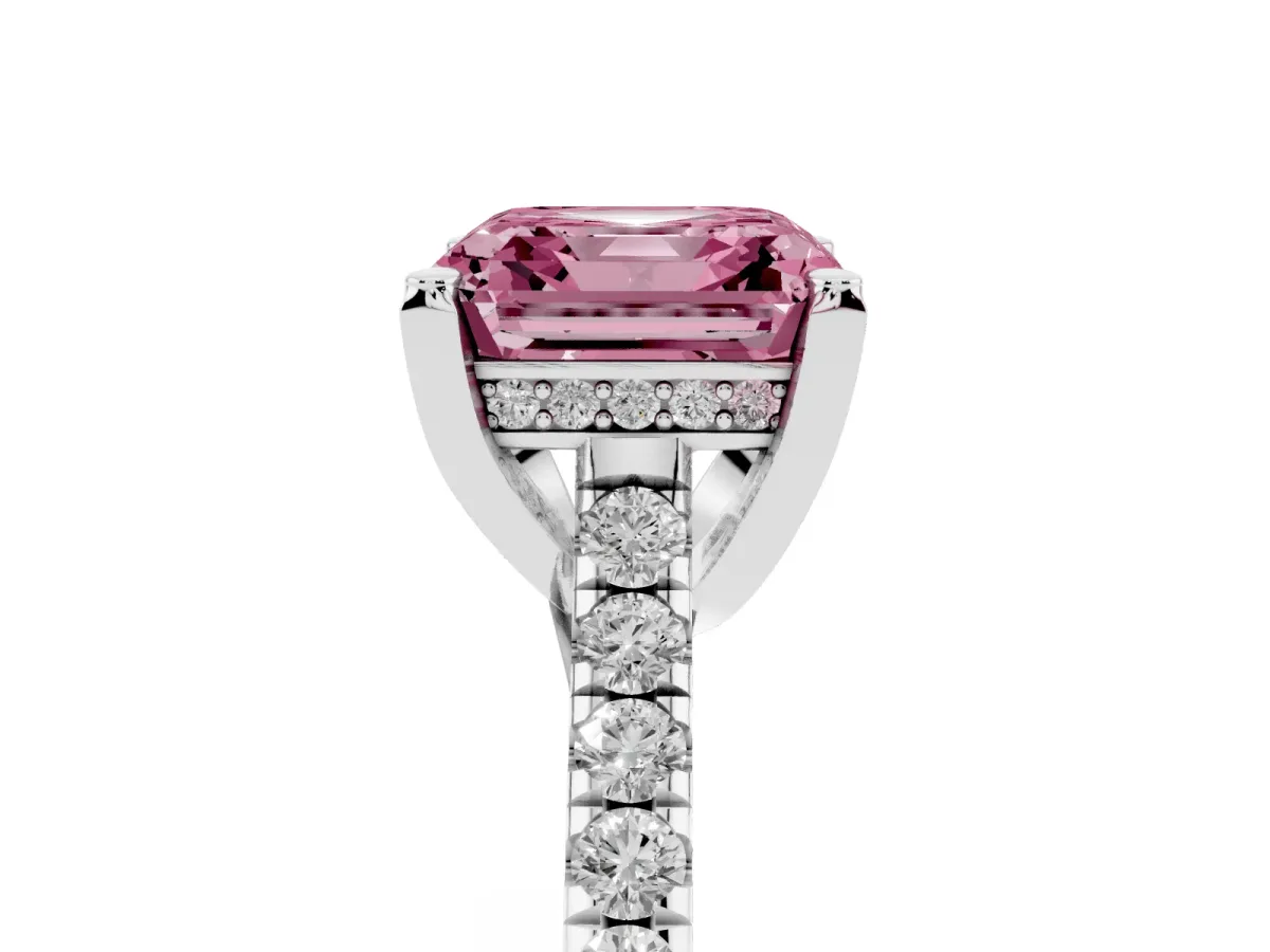 Fancy Pink Asscher Cut Brilliant Diamond Solitaire with Pavé Band and Four-Prong Setting Silver