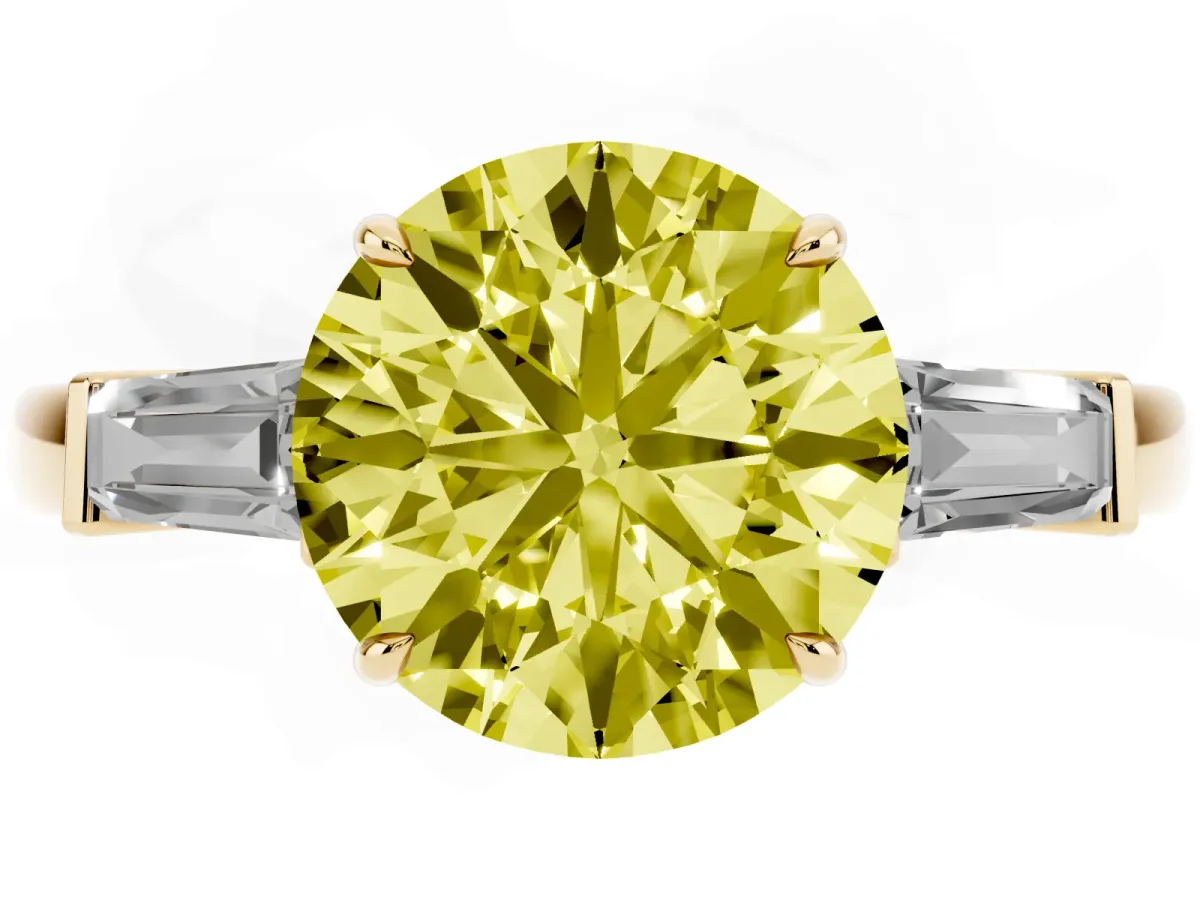 Fancy Yellow Round Cut Diamond Three-Stone Ring with Tapered Baguette Side Stones and Prong Setting Yellow gold