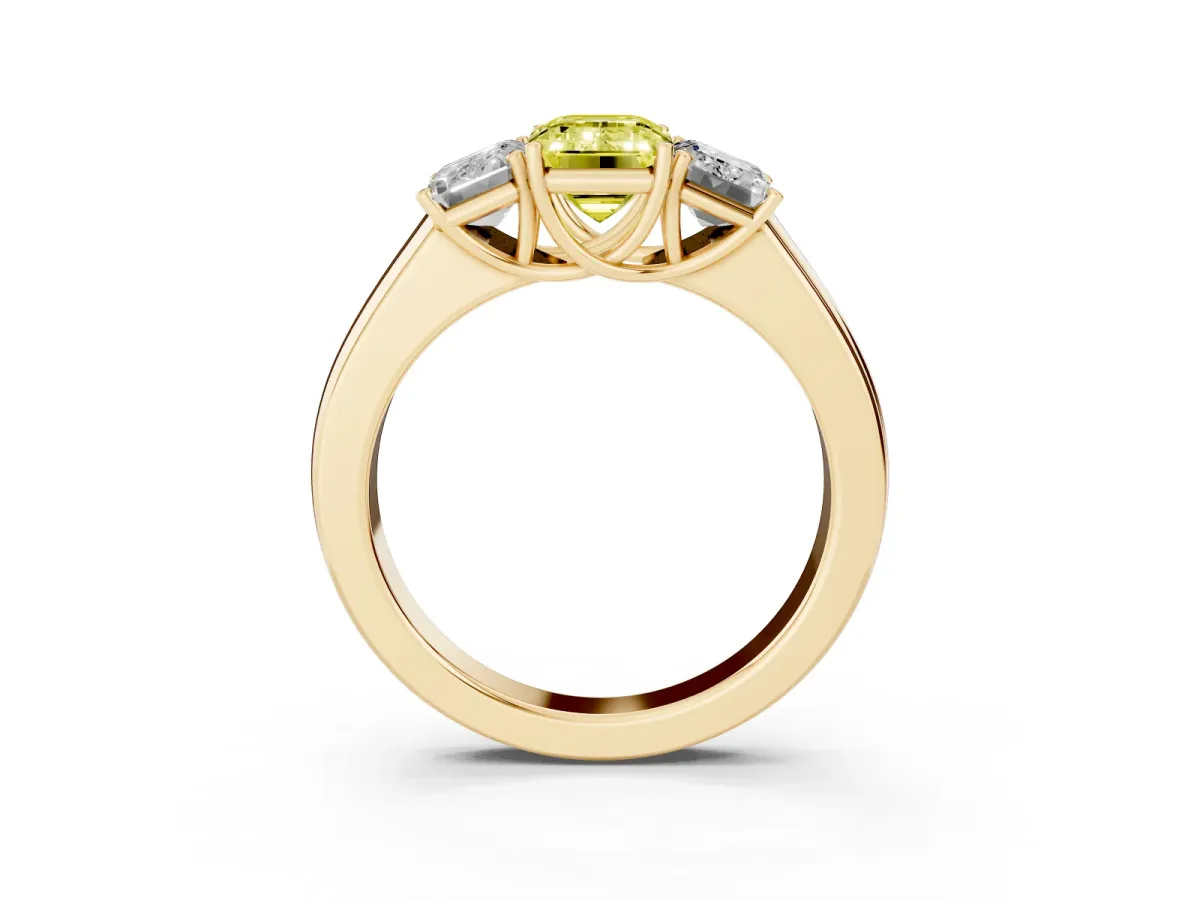 Fancy Yellow Three-Stone Emerald Cut Cut Diamond Ring with Prong Setting and Classic Band Yellow gold