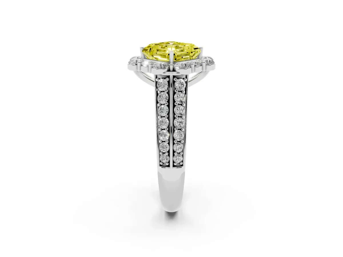 Fancy Yellow Asscher Cut Halo Diamond Engagement Ring with Split Shank and Prong Setting Silver