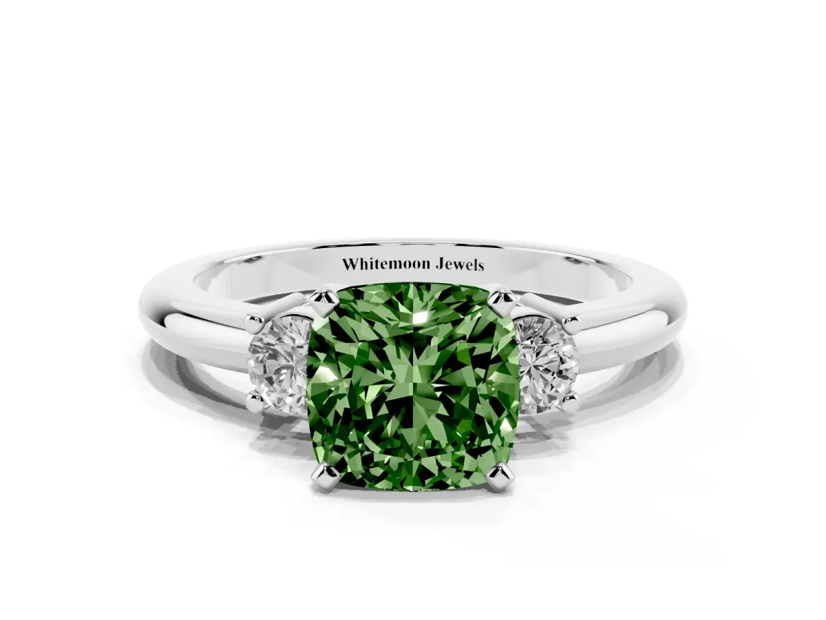 Fancy Green Three-Stone Cushion Cut Cut Diamond Solitaire with Prong Setting and Classic Band Silver