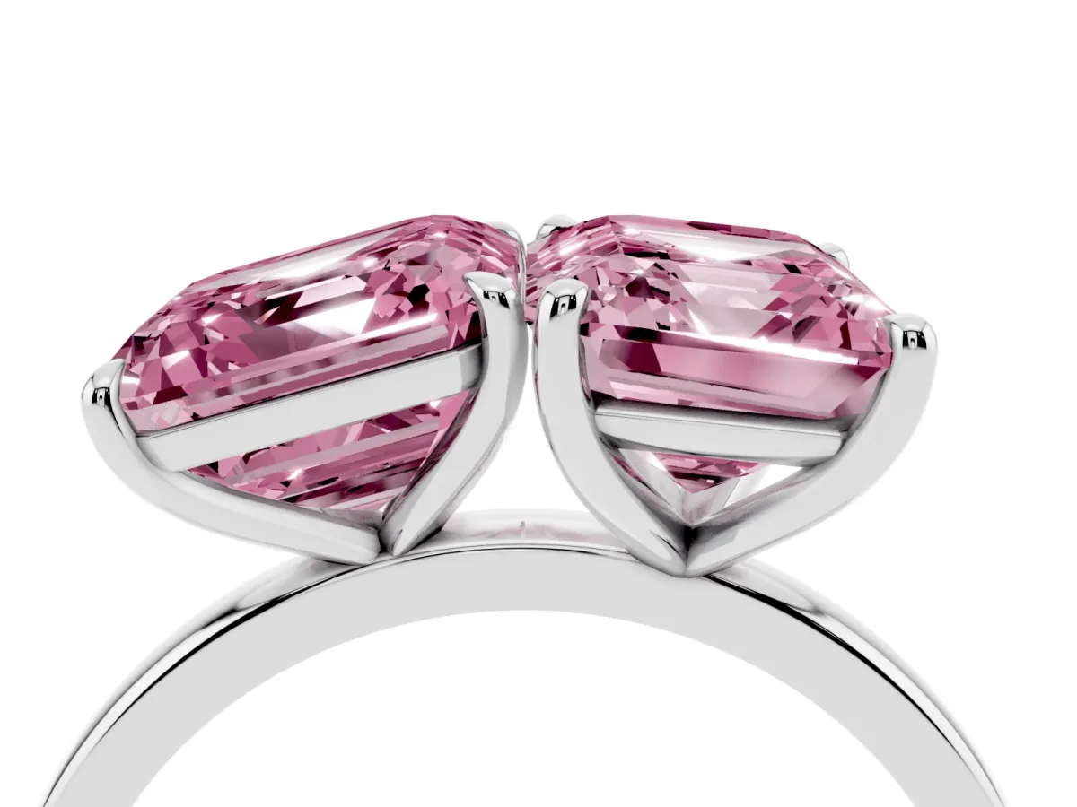 Fancy Pink Asscher Cut and Emerald Cut Toi Moi Ring with Prong Setting Silver