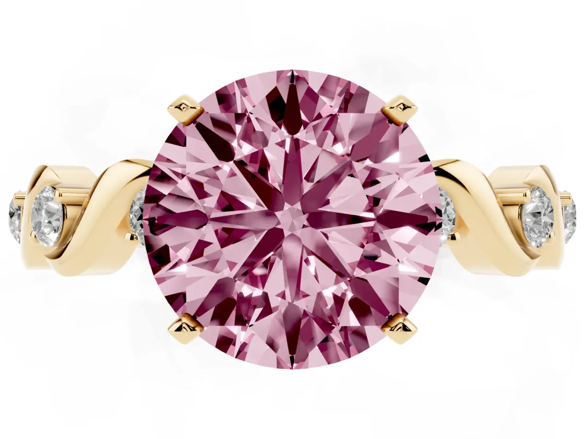 Fancy Pink Round Cut Diamond Solitaire Twisted Band with Round Accents and Prong Setting Yellow gold
