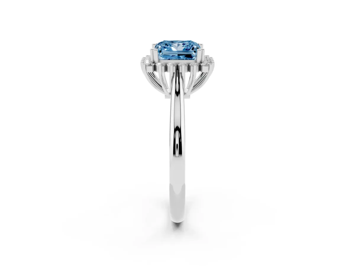 Fancy Blue Princess Cut Cut Diamond Halo Ring with Solitaire Band and Prong Setting White gold