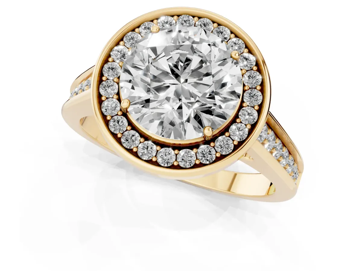 Round Cut Halo Solitaire Diamond Ring with Pave Band and Bezel Setting Yellow gold