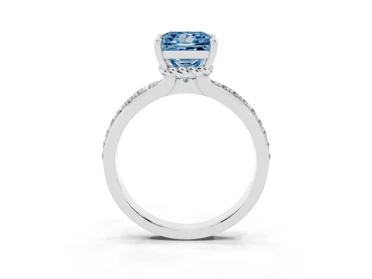 Fancy Blue Princess Cut Solitaire Diamond Ring with Channel Set Band and Six-Prong Setting Silver