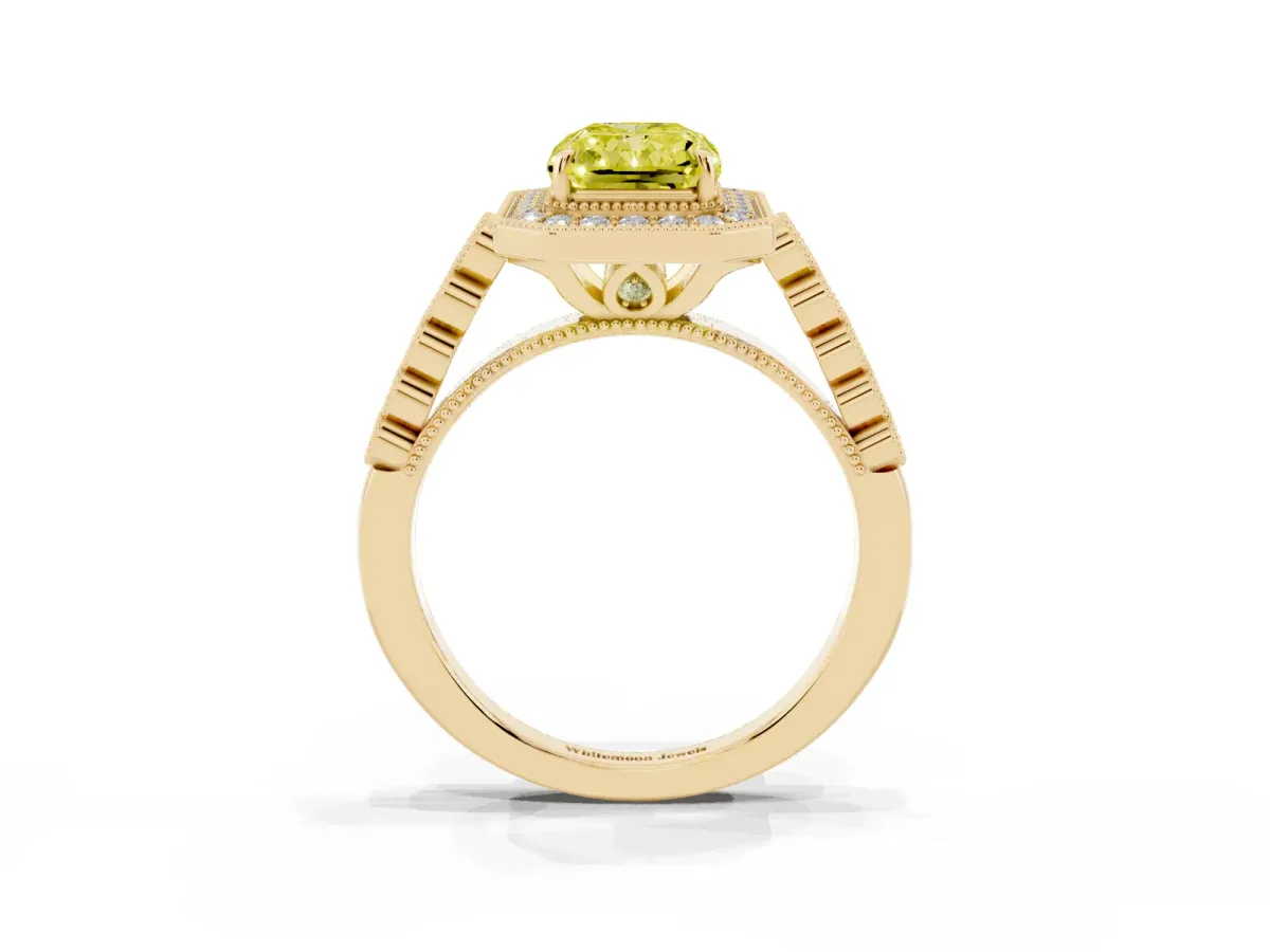 Fancy Yellow Radiant Cut Halo Milgrain Solitaire with Bezel Set Side Stones and Pave Band Yellow gold