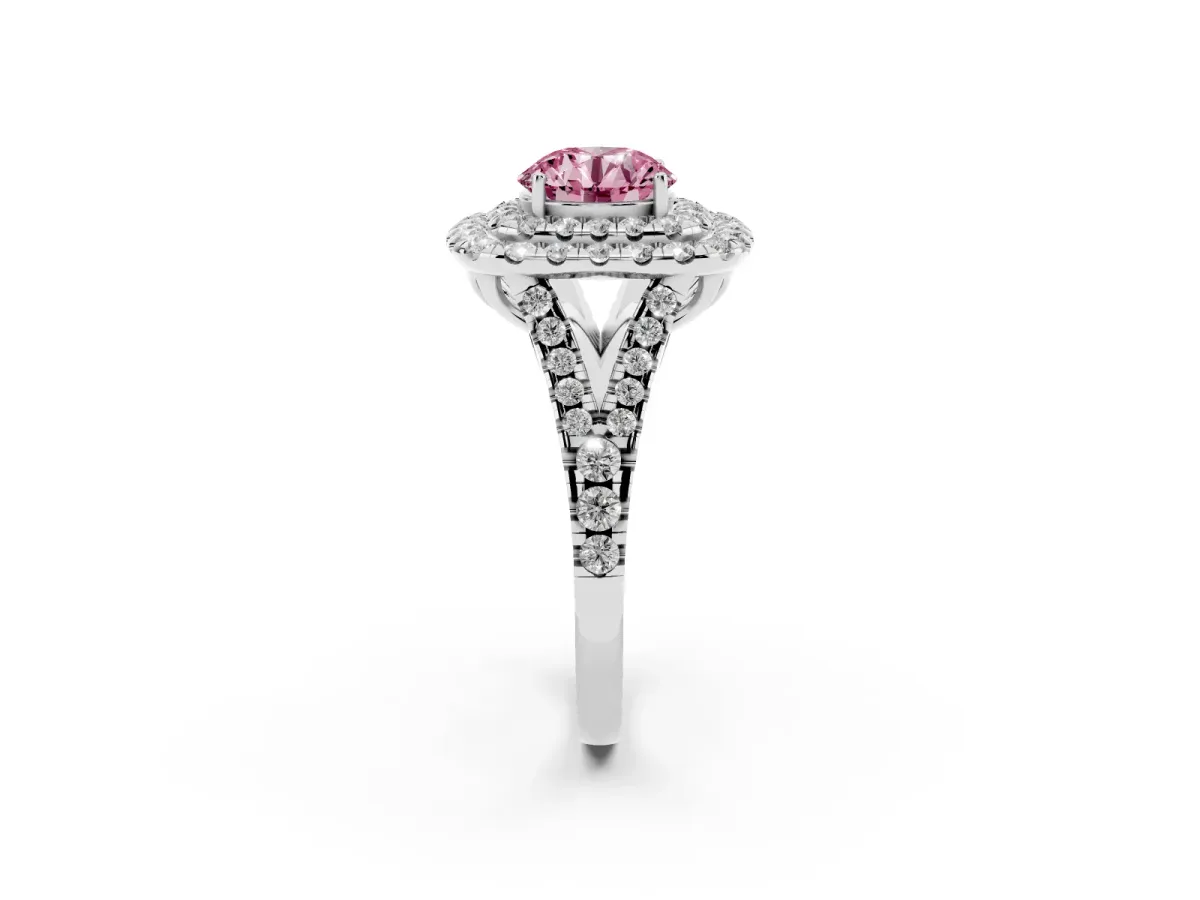 Fancy Pink Double Halo Round Cut Diamond Pavé Split Shank Ring with Prong Setting Platinum