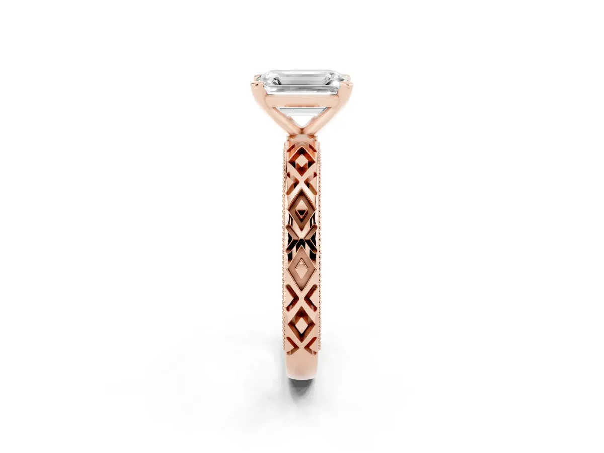 Emerald Cut Solitaire Diamond Ring with Milgrain and Black Enamel X Pattern Band Rose gold