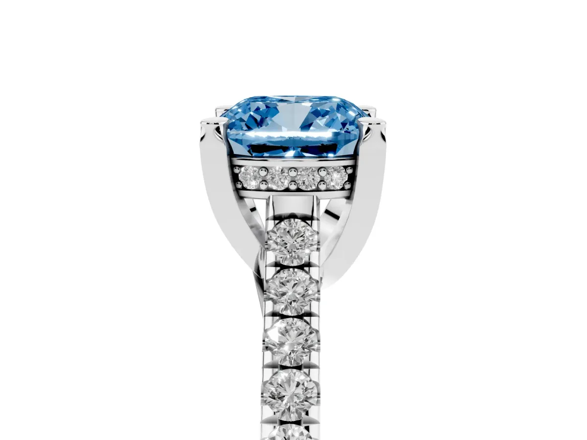 Fancy Blue Cushion Cut Brilliant Diamond Solitaire with Pavé Band and Four-Prong Setting Platinum