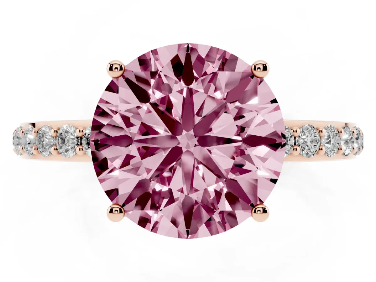 Fancy Pink Round Cut Diamond Solitaire Ring with Pavé Band and Hidden Halo Rose gold