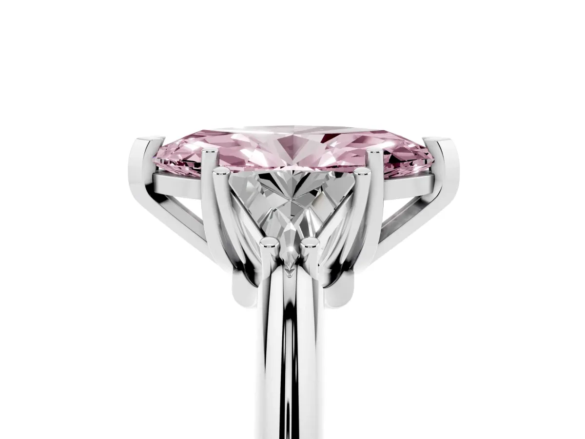 Fancy Pink Three-Stone Marquise Cut Diamond Engagement Ring with Trillion Side Stones and Prong Setting Silver