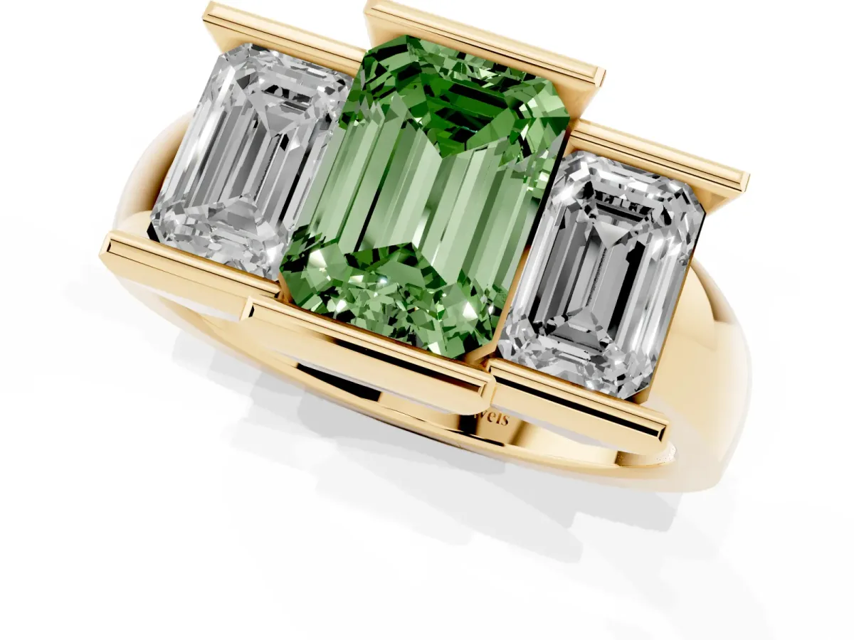 Fancy Green Three Stone Emerald Cut Cut Channel Set Diamond Ring Yellow gold