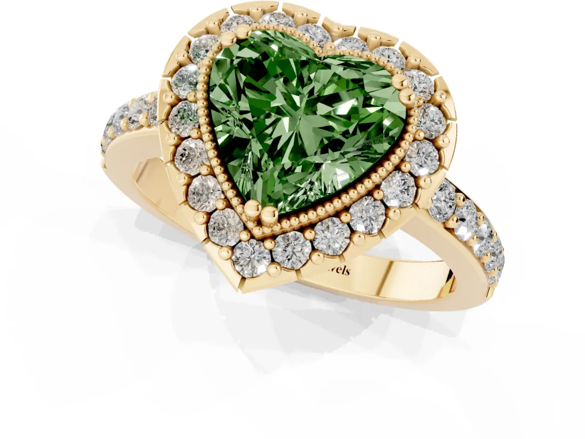 Fancy Green Heart Cut Diamond Halo Ring with Pavé Band and Prong Setting Yellow gold