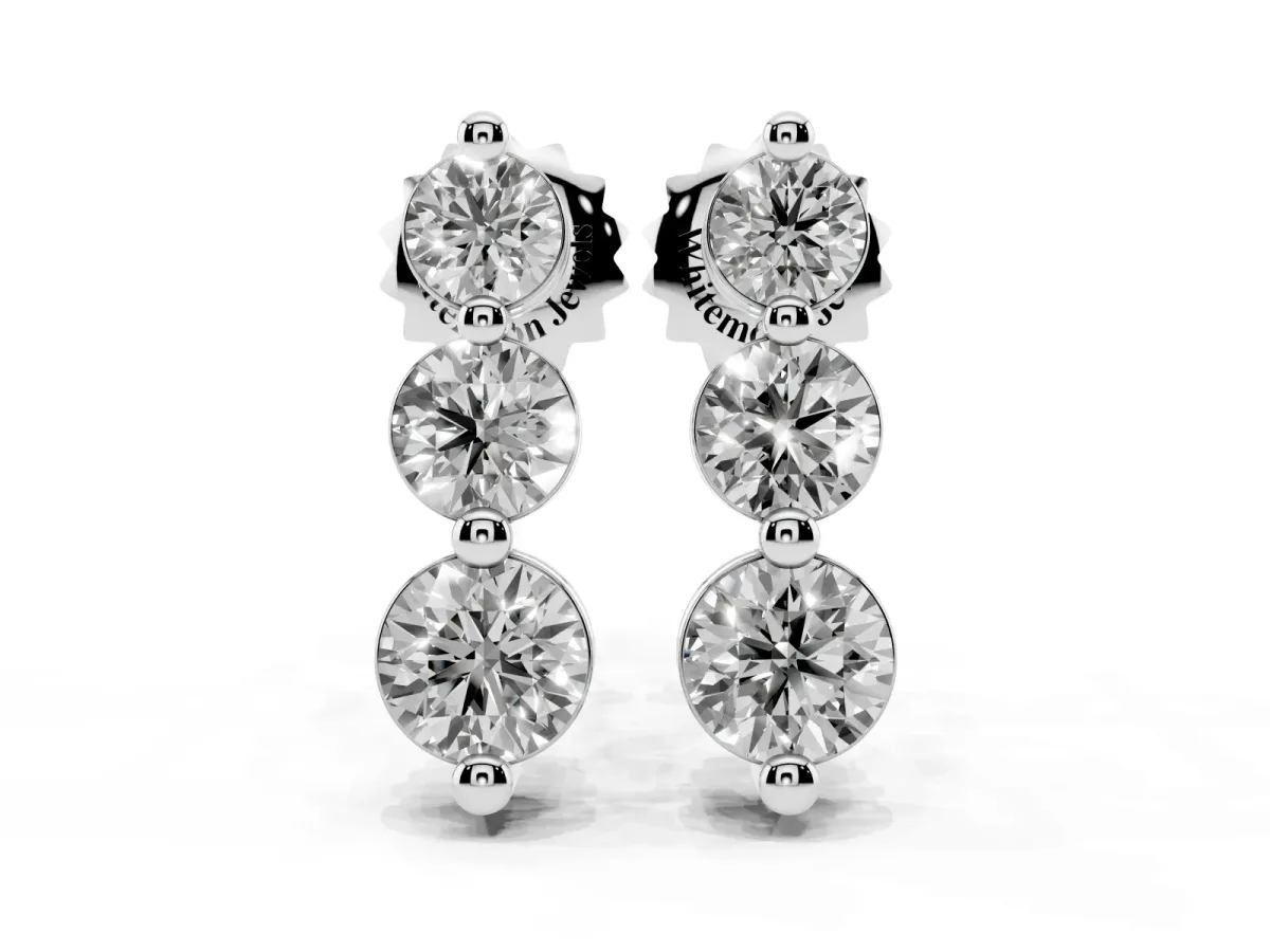 Three-Stone Round Diamond Drop Earrings with Prong Setting on White Gold White gold