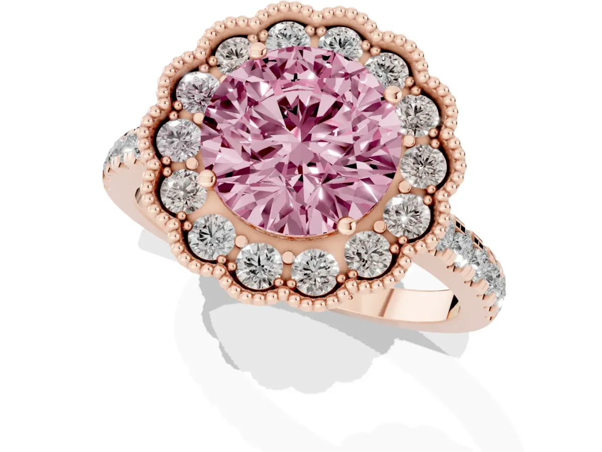 Fancy Pink Round Cut Cut Diamond Milgrain Floral Halo Engagement Ring with Pavé Band Rose gold