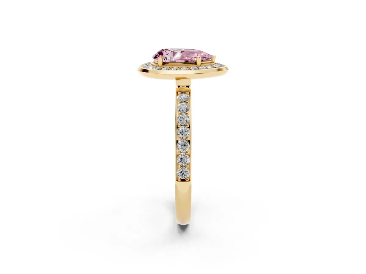 Fancy Pink Pear Cut Diamond Halo Ring with Bezel Frame and Pavé Band Yellow gold