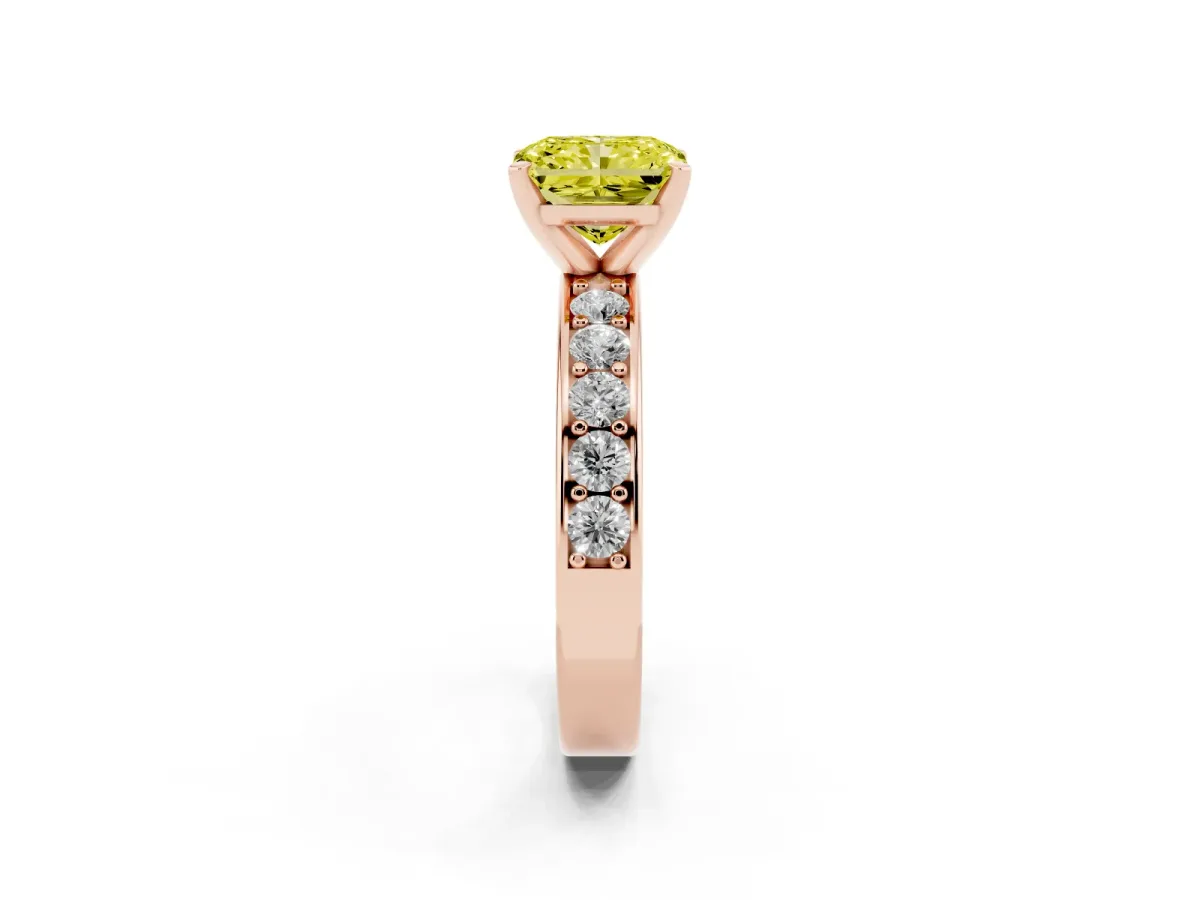 Fancy Yellow Radiant Cut Diamond Engagement Ring with Channel Set Round Band and Prong Setting Rose gold
