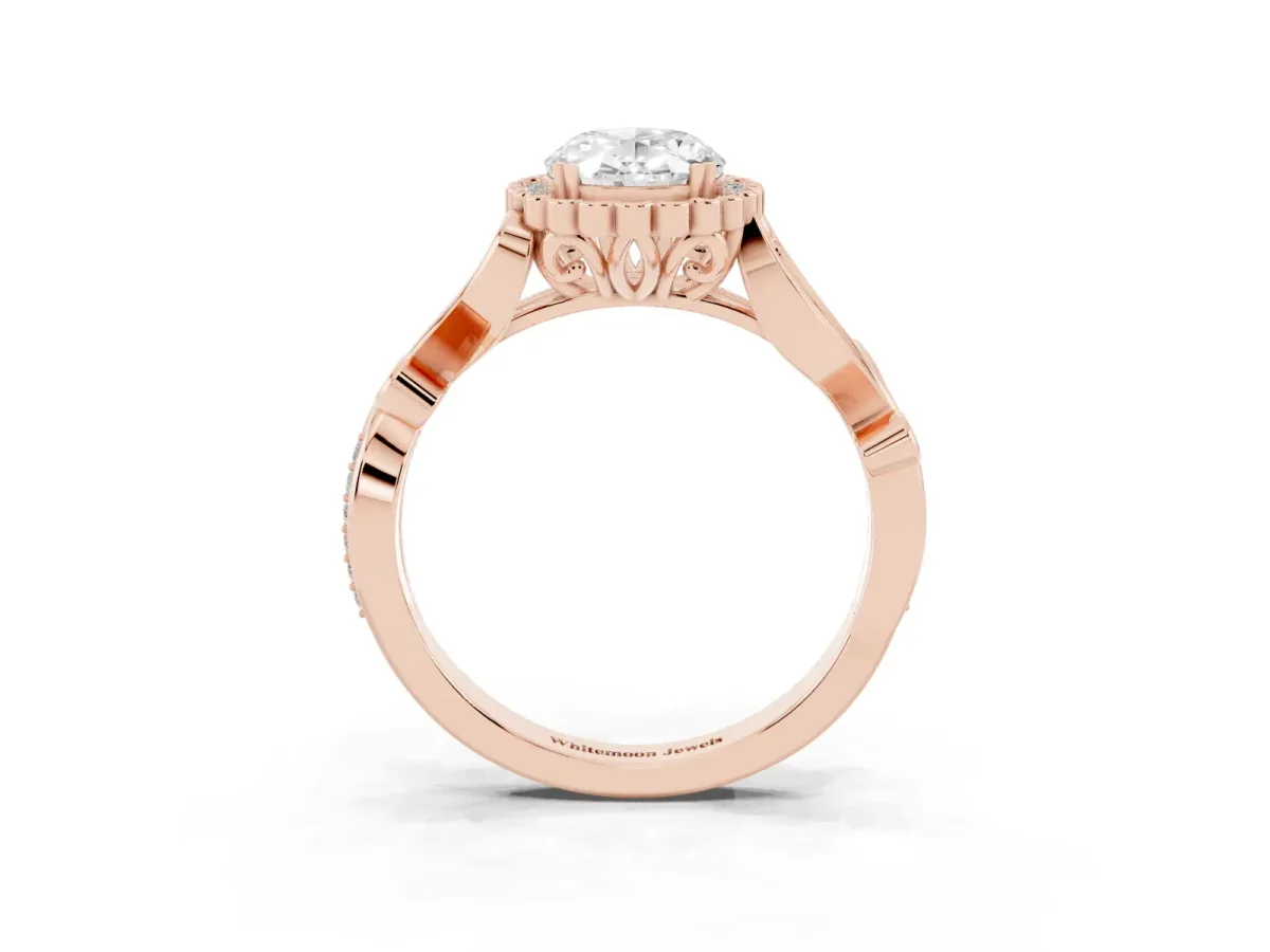 Oval Cut Diamond Halo Ring with Vintage Split Shank and Four-Prong Setting Rose gold